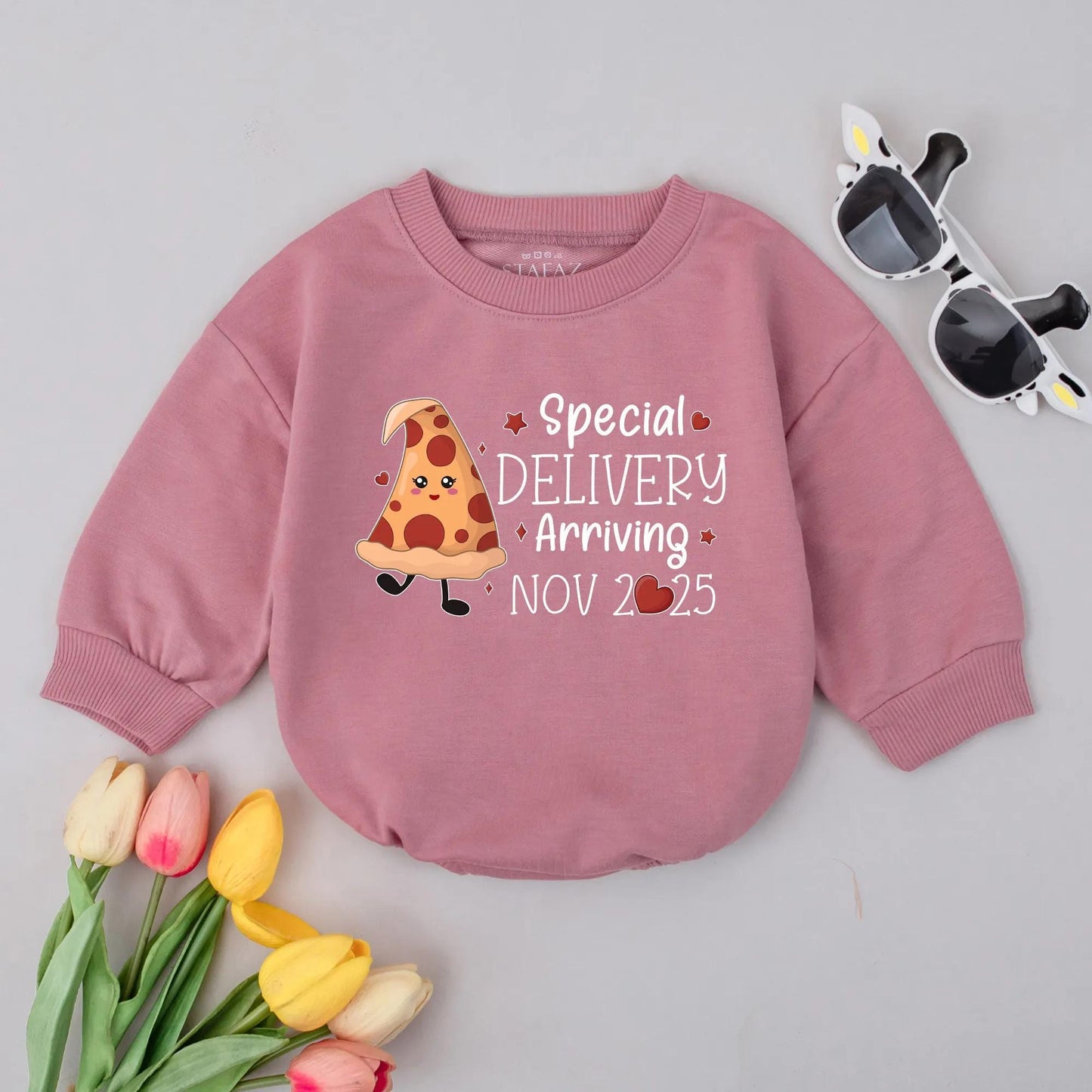 Custom Date Special Delivery Pizza Baby Announcement Romper Soft Cotton Newborn Outfit Expecting Mom Gift Shower