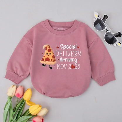 Custom Date Special Delivery Pizza Baby Announcement Romper Soft Cotton Newborn Outfit Expecting Mom Gift Shower