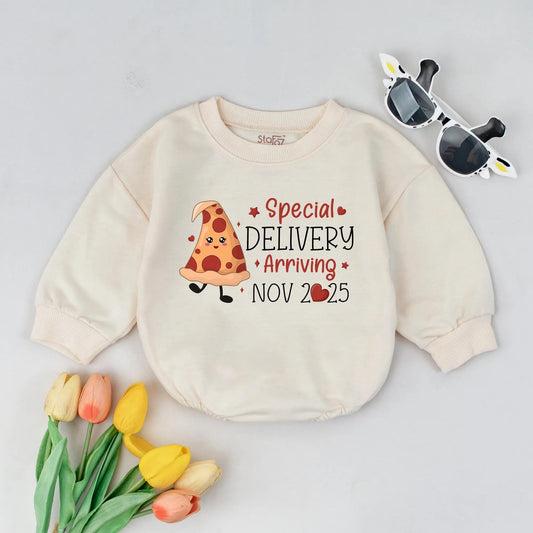Custom Date Special Delivery Pizza Baby Announcement Romper Soft Cotton Newborn Outfit Expecting Mom Gift Shower