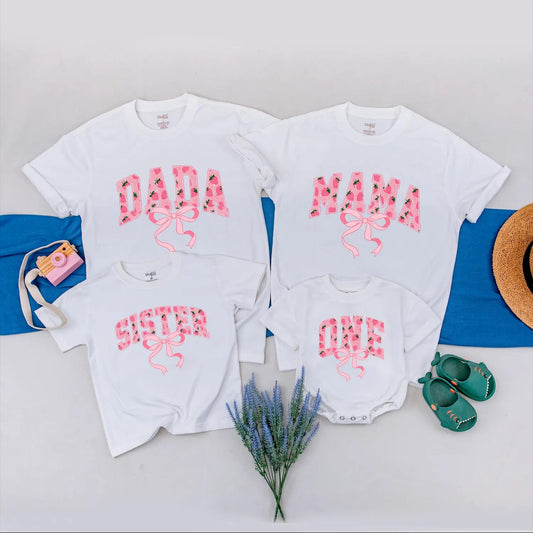 Matching Strawberry Birthday Family Shirts: Dada, Mama, Sister, 1st Birthday Girl Outfit with Pink Bow & Cute Design
