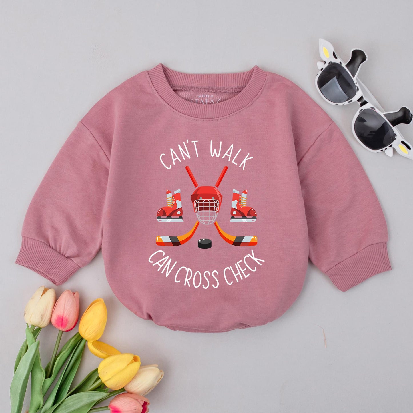 Funny Hockey Baby Shirt: Can't Walk, Can Cross-Check Bodysuit Gift for Hockey Fans Newborn Sports Baby Clothes