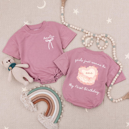 Amelia's First Birthday Romper: Sweet Pink Bow Cake Bodysuit for One Year Old Baby Girl Party Outfit Girls Just Wanna Be One Ribbon Outfit (137 chars)