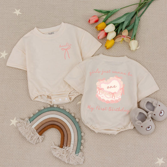 Amelia's First Birthday Romper: Sweet Pink Bow Cake Bodysuit for One Year Old Baby Girl Party Outfit Girls Just Wanna Be One Ribbon Outfit (137 chars)