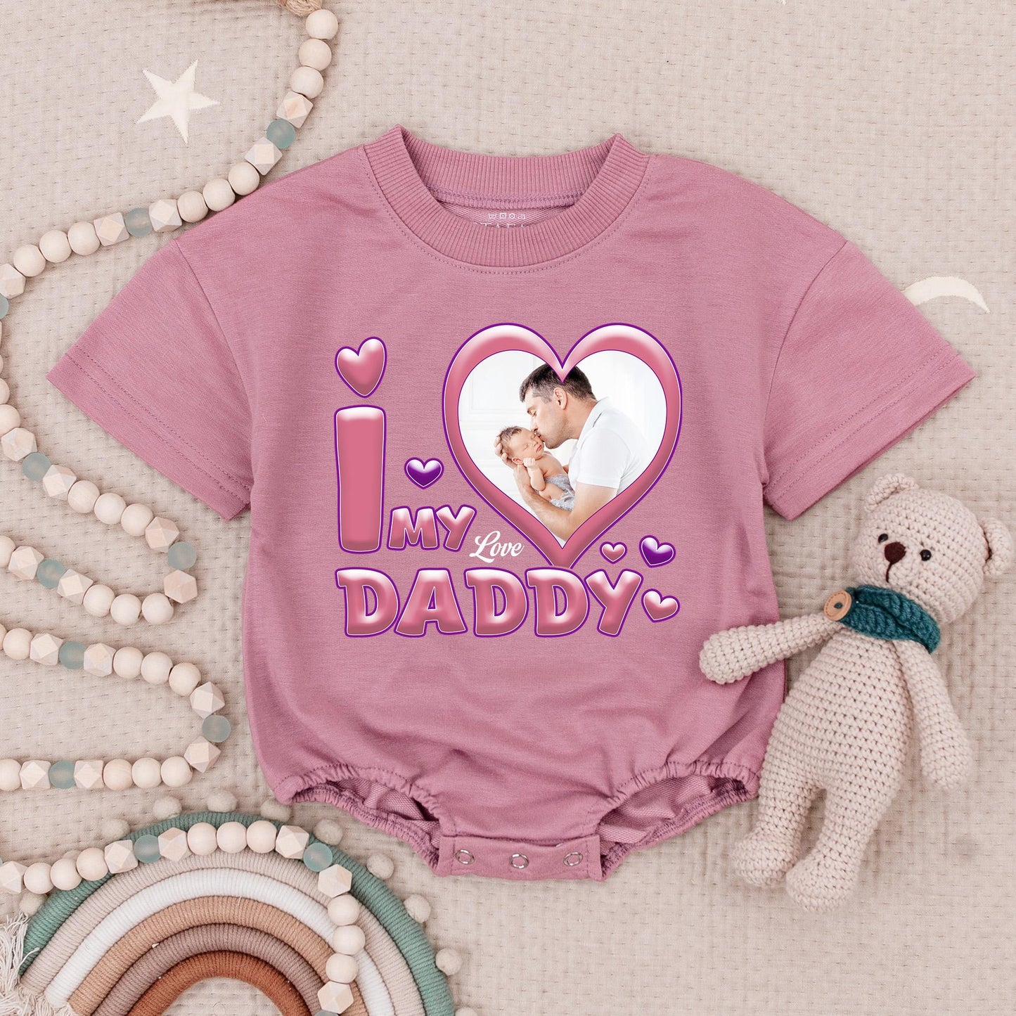 Custom Photo I Love My Daddy Baby Bodysuit, Pink Heart Father's Day Gift, Your Photo Here Infant Romper, Cute Baby Boy Girl Gift