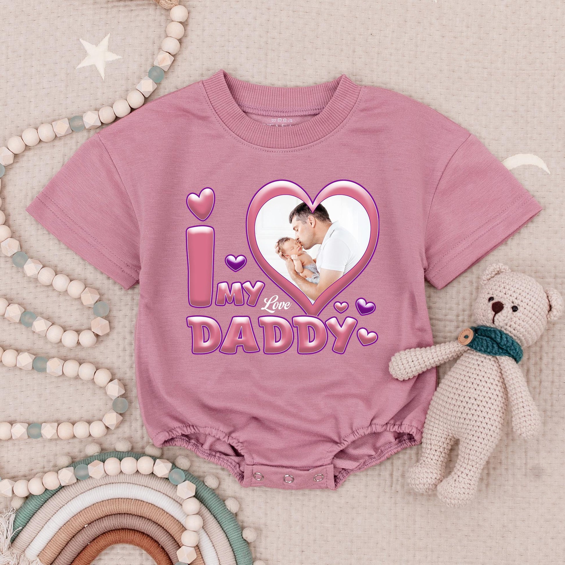 Custom Photo I Love My Daddy Baby Bodysuit, Pink Heart Father's Day Gift, Your Photo Here Infant Romper, Cute Baby Boy Girl Gift