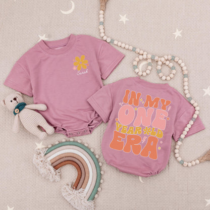 Custom Name One Year Old Era Romper, Retro First Birthday Girl Outfit, Personalized 1st Birthday Babysuit, Peach & Pink Floral Party, 138 chars