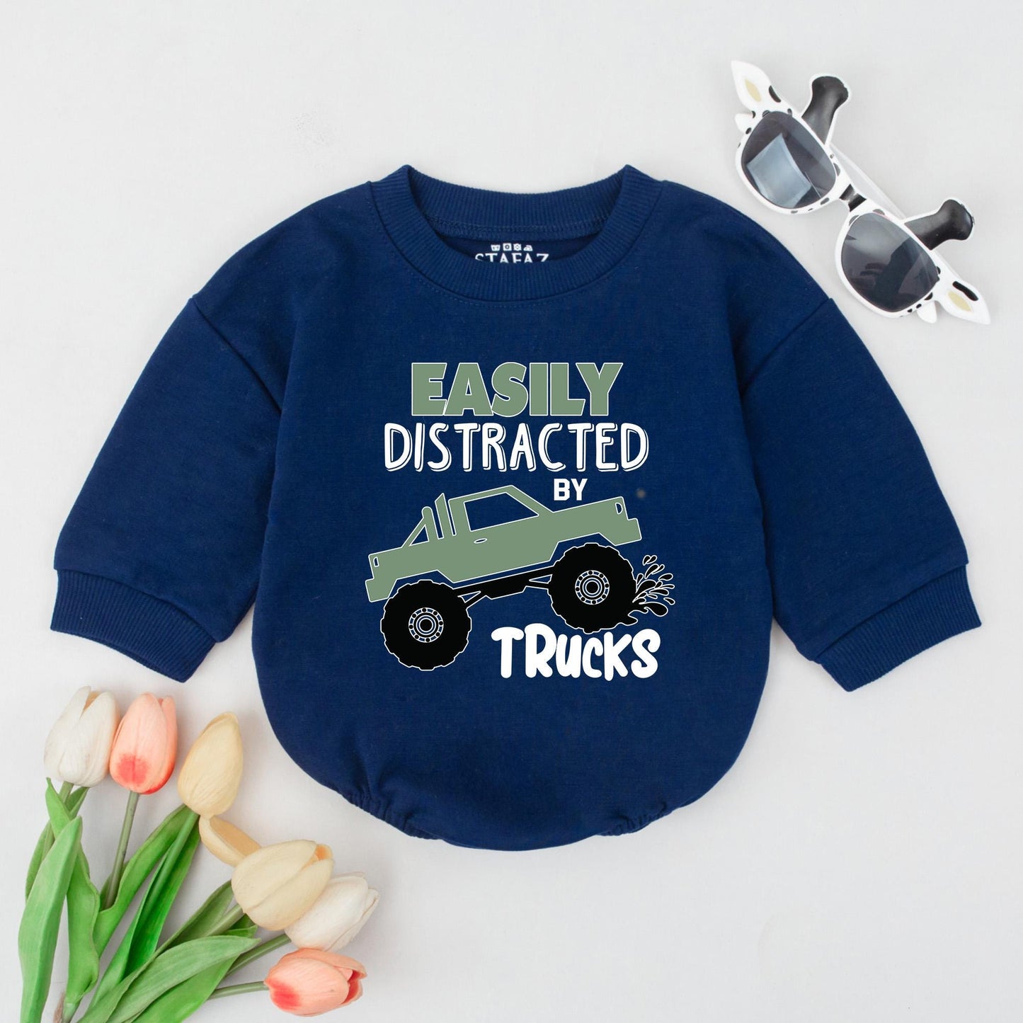 Truck Lover Baby & Toddler Shirt | Boys Truck Sweatshirt Birthday Outfit | Easily Distracted by Trucks Gift | Mud Truck Top