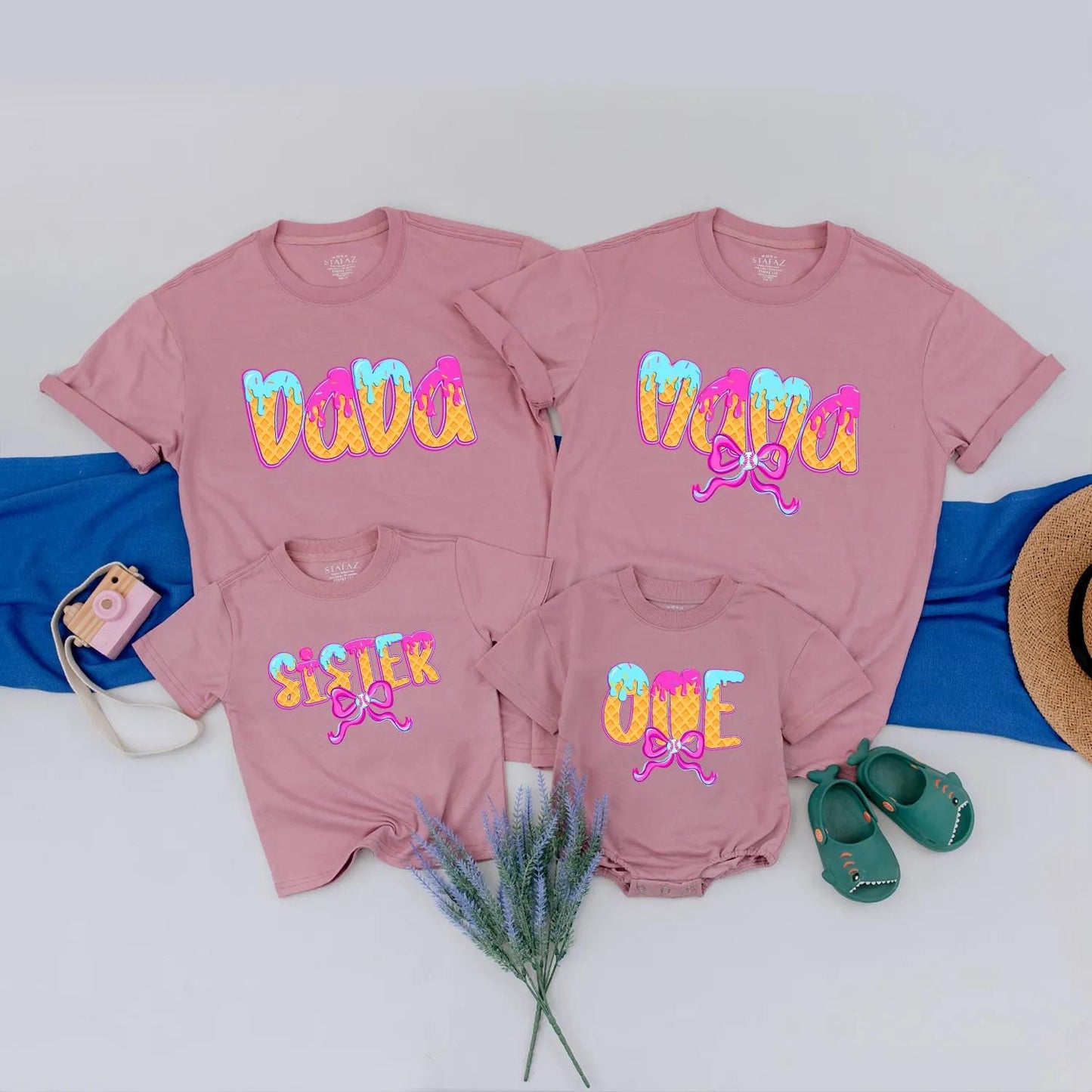 Matching Ice Cream Birthday Family Shirts: DADA, MAMA, SISTER, ONE Waffle Cone Design Baby Girl 1st Birthday Outfit Pastel Party Clothes