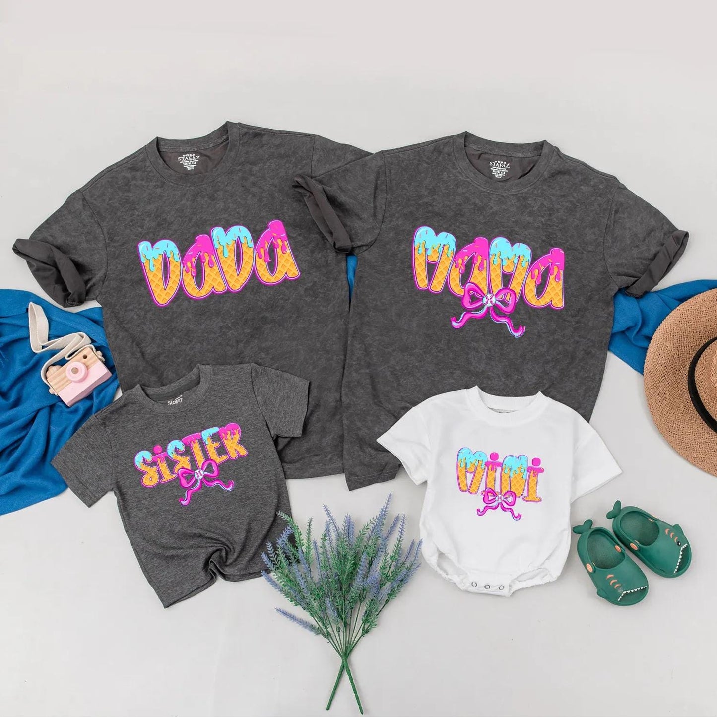 Matching Ice Cream Birthday Family Shirts: DADA, MAMA, SISTER, ONE Waffle Cone Design Baby Girl 1st Birthday Outfit Pastel Party Clothes