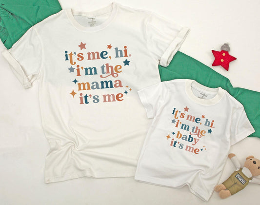 Matching Mama and Me Hi I'm The Baby Outfits for Moms and Newborns with Funny Retro Design Toddler Shirt Romper Soft Cotton First Birthday Gift