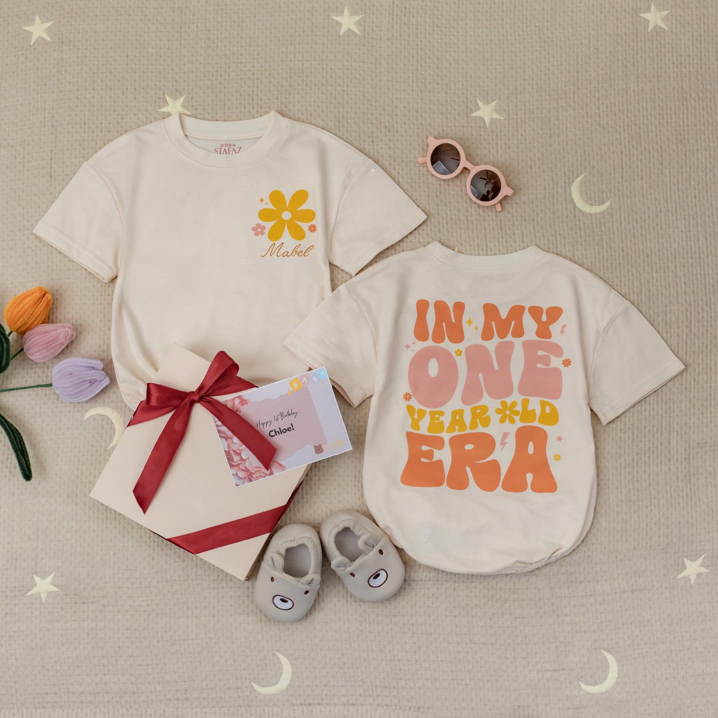 Custom Name One Year Old Era Romper, Retro First Birthday Girl Outfit, Personalized 1st Birthday Babysuit, Peach & Pink Floral Party, 138 chars