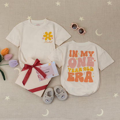 Custom Name One Year Old Era Romper, Retro First Birthday Girl Outfit, Personalized 1st Birthday Babysuit, Peach & Pink Floral Party, 138 chars