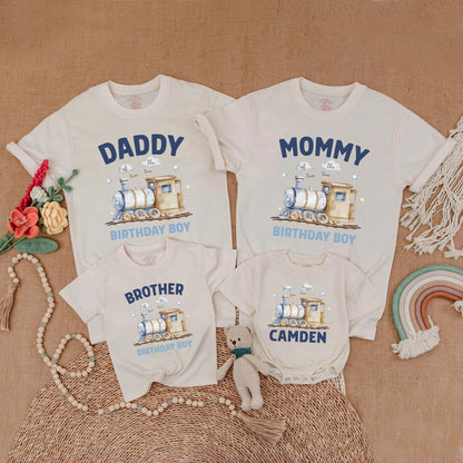 Matching Train Birthday Family Shirts, Chugga Chugga Two Two Outfit, 2nd Birthday Boy, Watercolor Train Design, Soft Blues & Tans