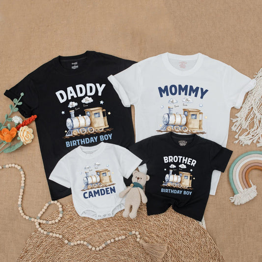 Matching Train Birthday Family Shirts, Chugga Chugga Two Two Outfit, 2nd Birthday Boy, Watercolor Train Design, Soft Blues & Tans