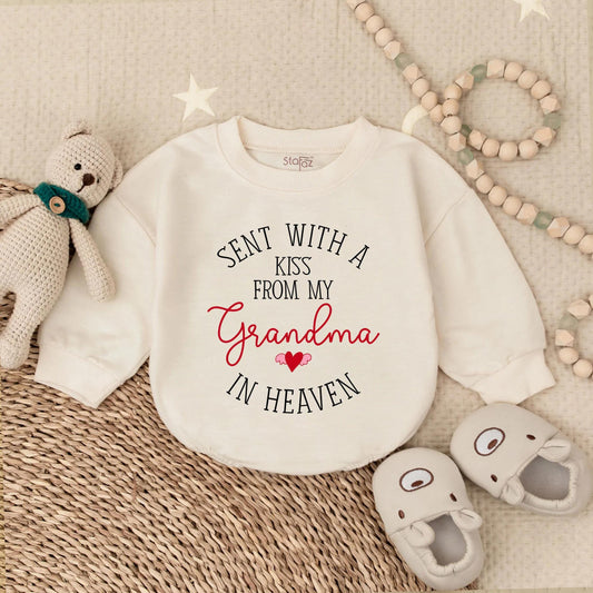Personalized Sent With A Kiss From Grandma In Heaven Baby Romper New Grandbaby Gift Newborn Announcement Outfit Memorial Clothes