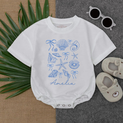 Personalized Seashell Baby Bubble Romper Short Sleeve Ocean Beach Outfit for Toddler Infant Girl Summer Vacation Gift