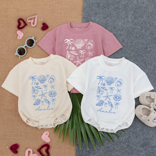 Personalized Seashell Baby Bubble Romper Short Sleeve Ocean Beach Outfit for Toddler Infant Girl Summer Vacation Gift