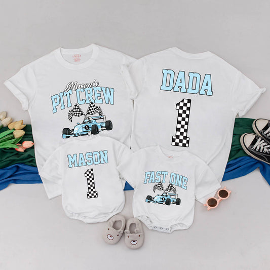 Matching Pit Crew Family Racing Shirts: Personalized 1st Birthday Boy Outfit, Fast One Race Car Theme Cotton Gift for Family