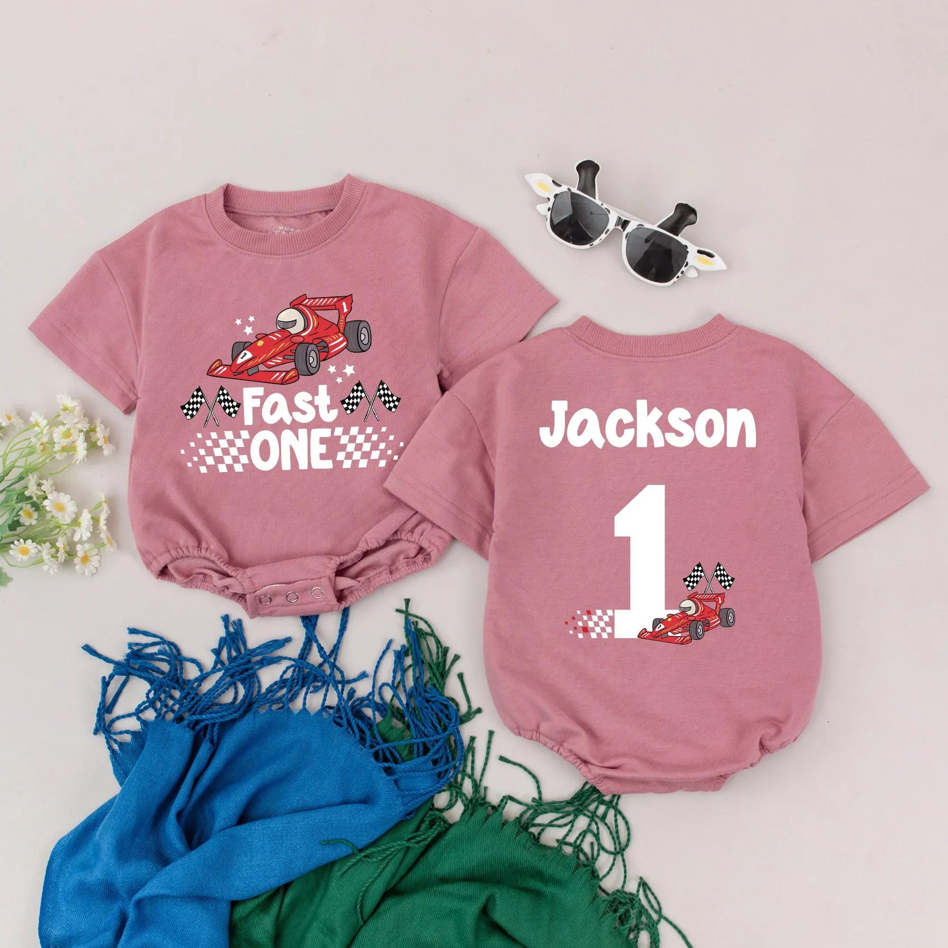 Personalized Fast One Race Car Baby Romper for 1st Birthday Outfit Custom Name Race Theme Bodysuit Boy Gift Idea