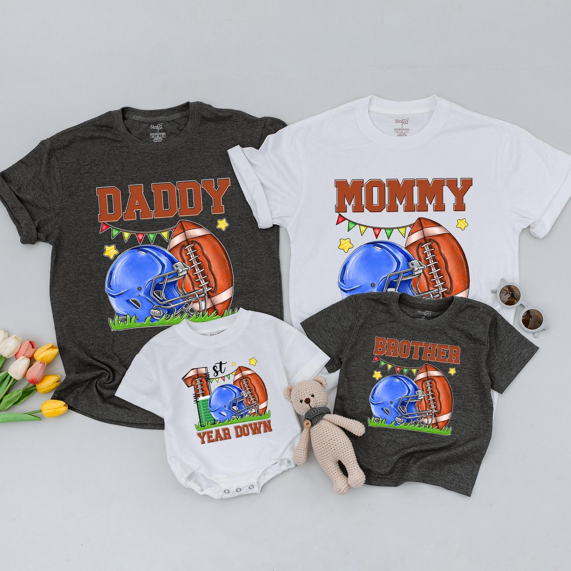 Football Birthday Shirt: 1st Year Down, Custom Family Tee for 2025 Party, Football Theme, First Birthday Boy Outfit
