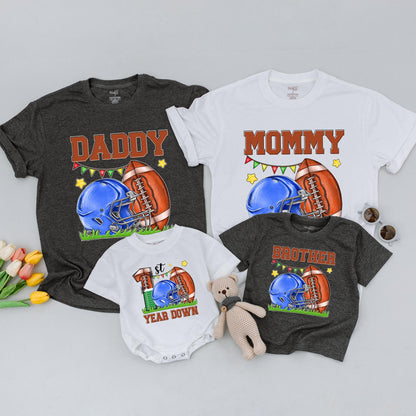 Football Birthday Shirt: 1st Year Down, Custom Family Tee for 2025 Party, Football Theme, First Birthday Boy Outfit