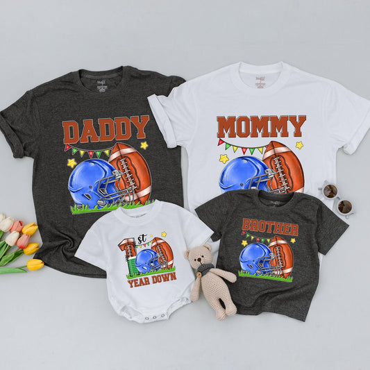 Football Birthday Shirt: 1st Year Down, Custom Family Tee for 2025 Party, Football Theme, First Birthday Boy Outfit