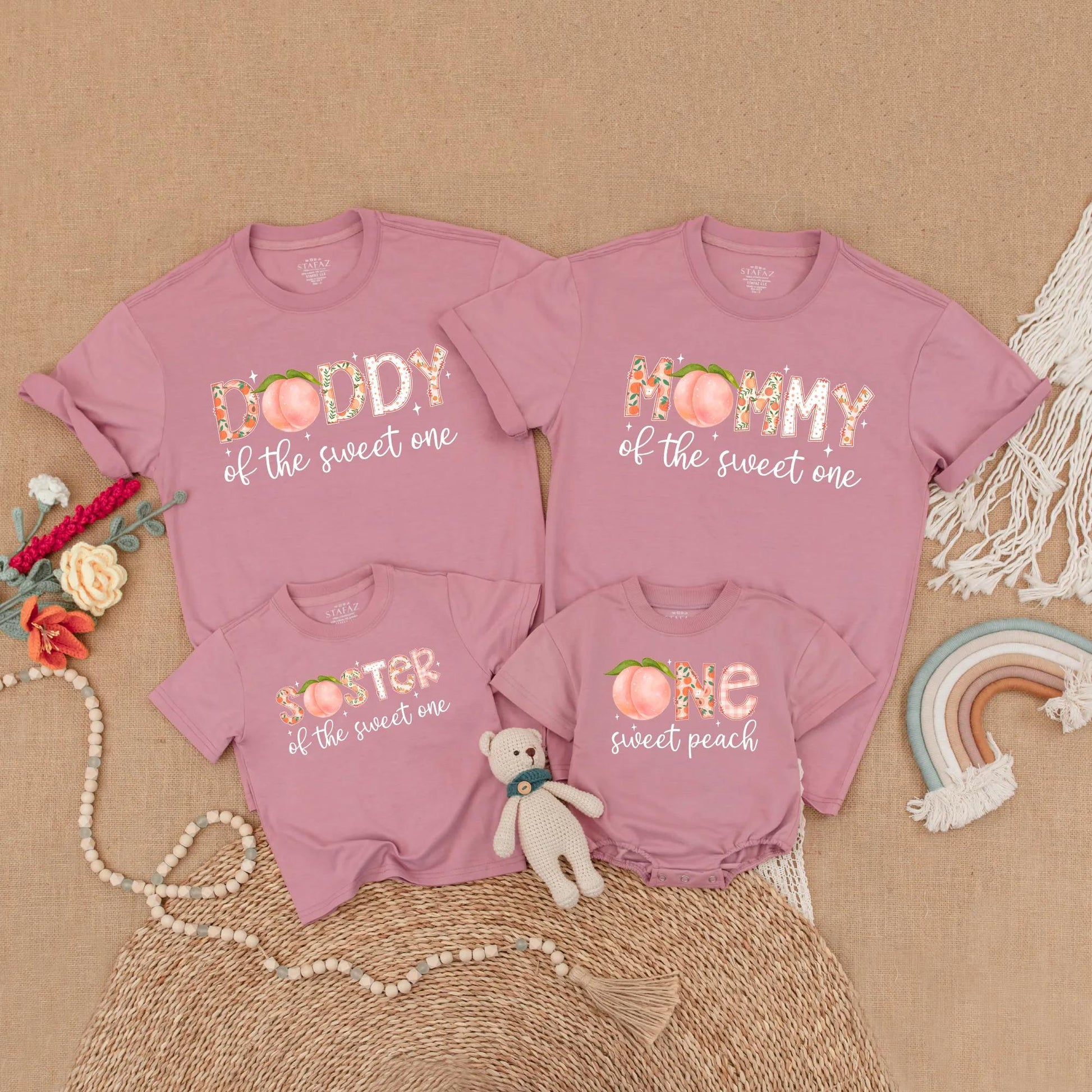 One Sweet Peach First Birthday Matching Family Shirts Mama Dad Baby Girl Sweet One Outfit Peach Theme Party Summer Boho Comfortable