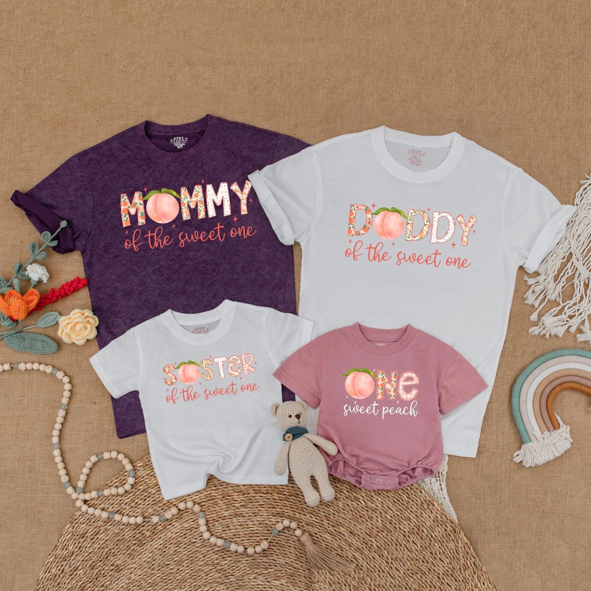 One Sweet Peach First Birthday Matching Family Shirts Mama Dad Baby Girl Sweet One Outfit Peach Theme Party Summer Boho Comfortable