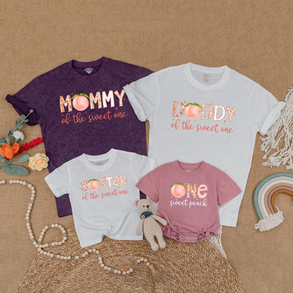 One Sweet Peach First Birthday Matching Family Shirts Mama Dad Baby Girl Sweet One Outfit Peach Theme Party Summer Boho Comfortable