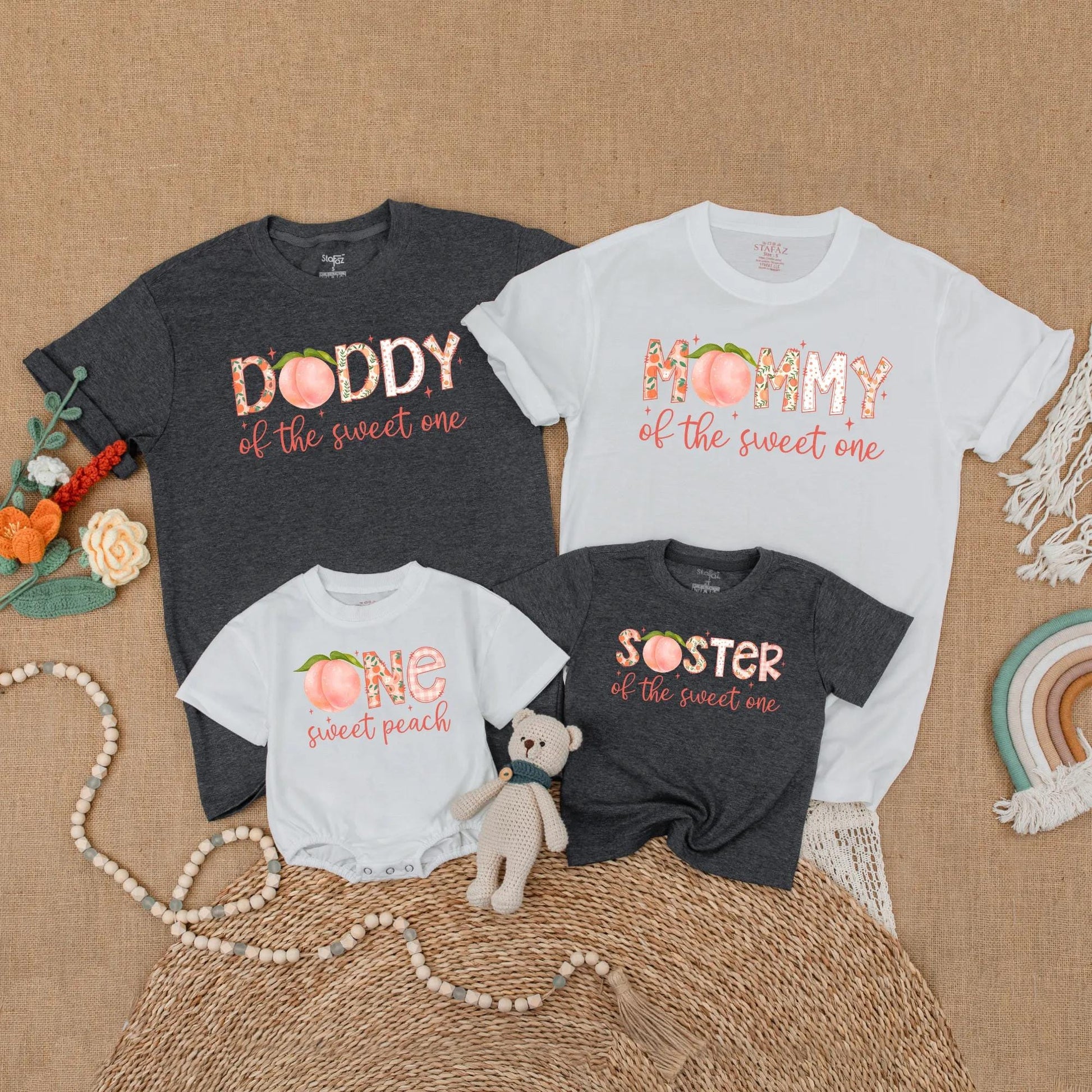 One Sweet Peach First Birthday Matching Family Shirts Mama Dad Baby Girl Sweet One Outfit Peach Theme Party Summer Boho Comfortable
