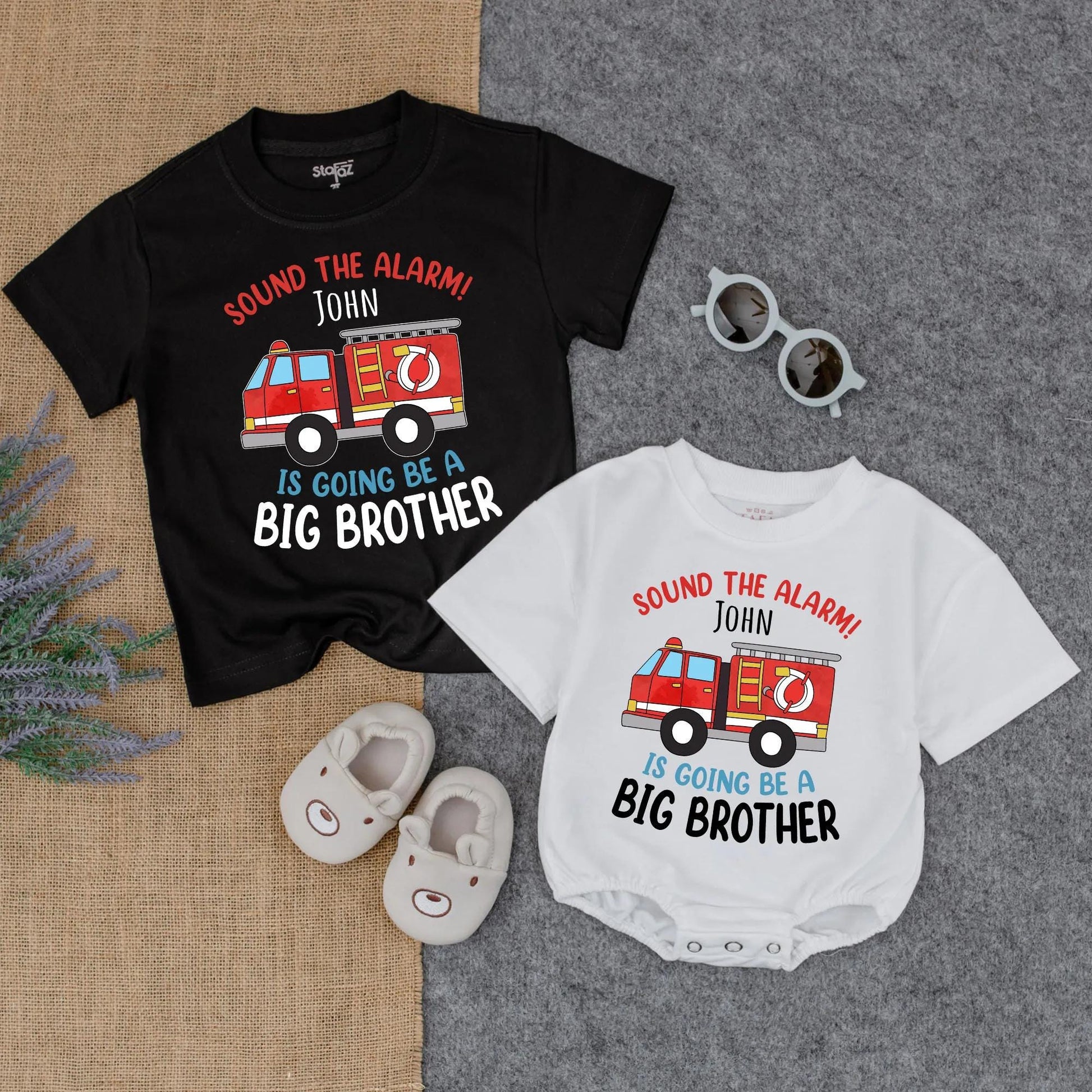 Personalized Big Brother Firetruck Shirt & Matching Baby Boy Romper Outfit Sound The Alarm New Sibling Pregnancy Reveal Gift Infant Clothes