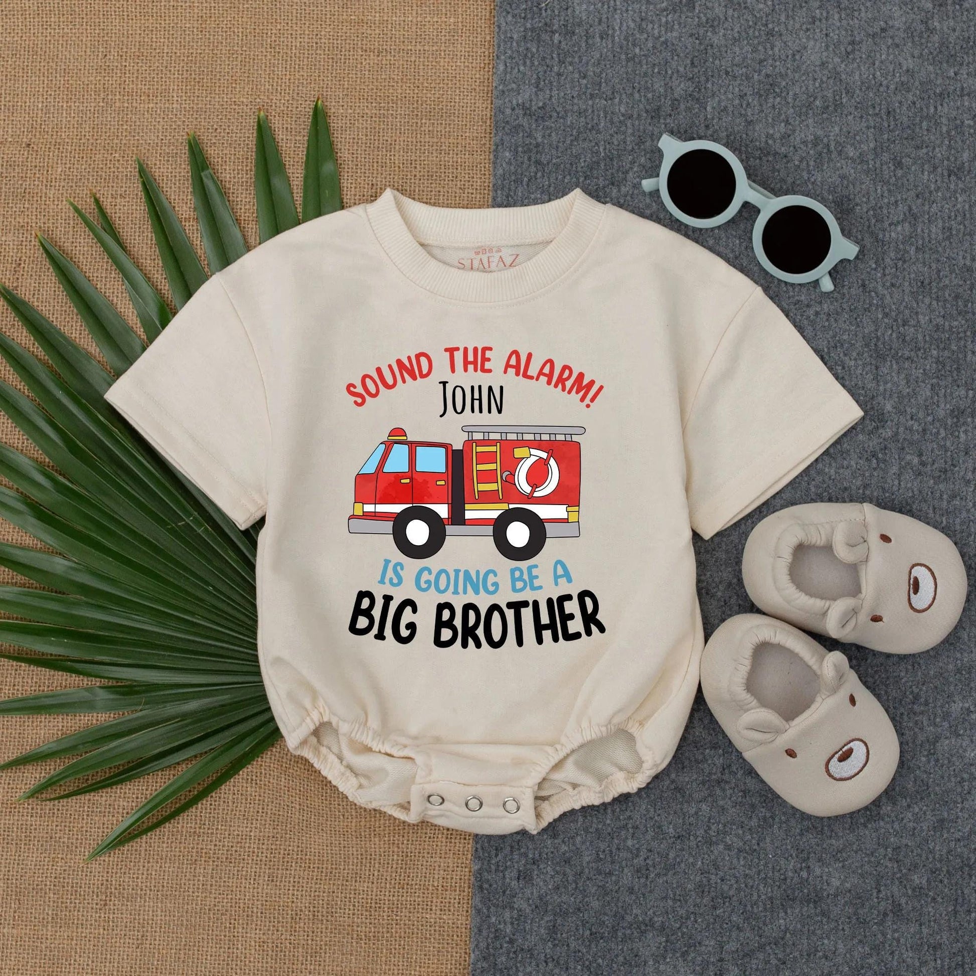 Personalized Big Brother Firetruck Shirt & Matching Baby Boy Romper Outfit Sound The Alarm New Sibling Pregnancy Reveal Gift Infant Clothes