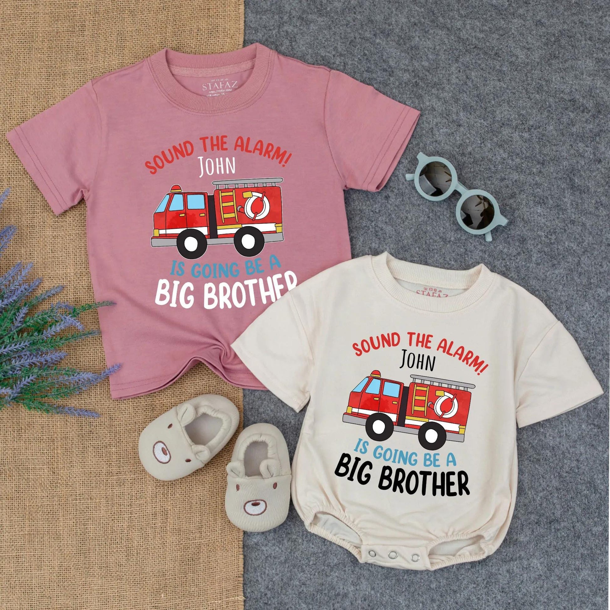 Personalized Big Brother Firetruck Shirt & Matching Baby Boy Romper Outfit Sound The Alarm New Sibling Pregnancy Reveal Gift Infant Clothes