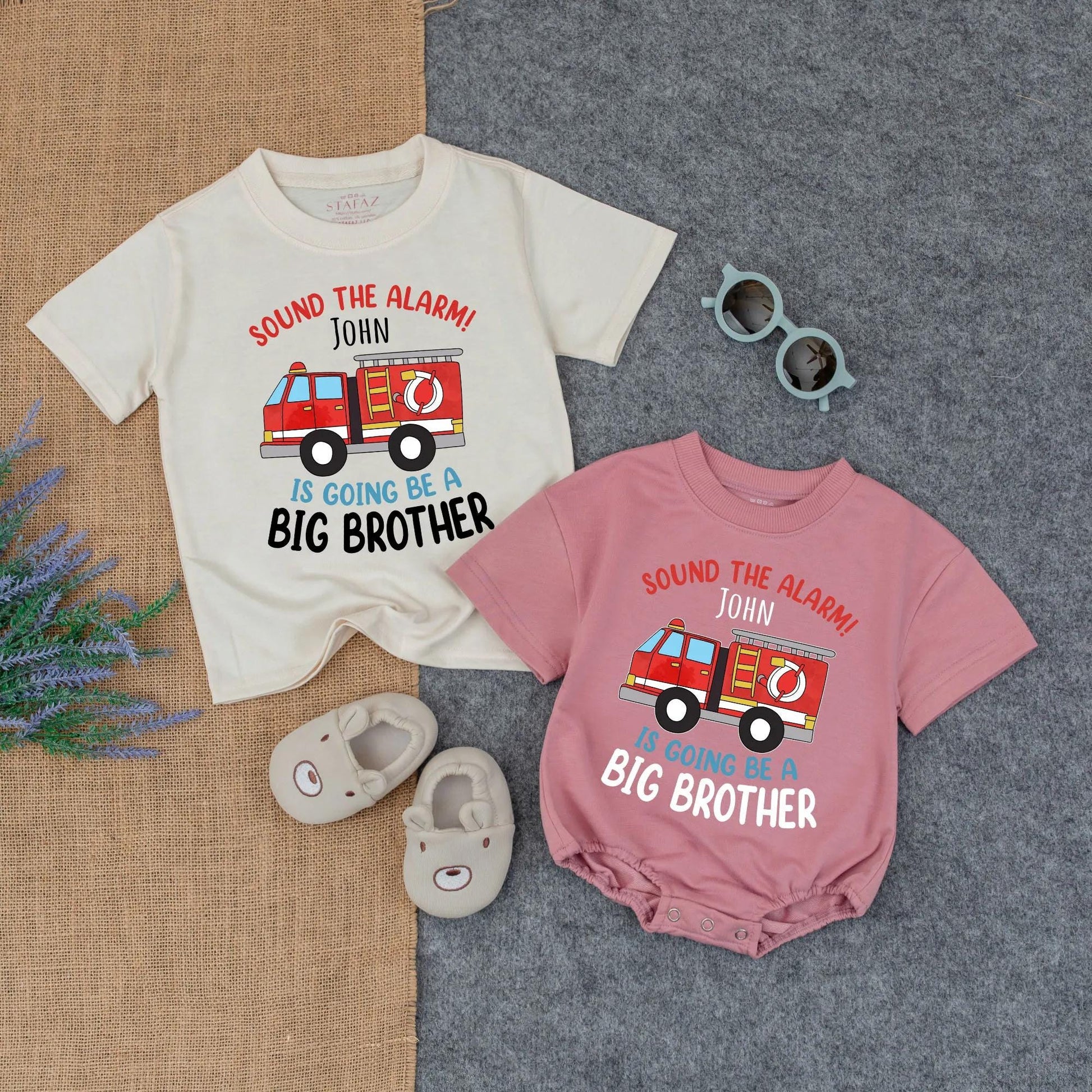 Personalized Big Brother Firetruck Shirt & Matching Baby Boy Romper Outfit Sound The Alarm New Sibling Pregnancy Reveal Gift Infant Clothes