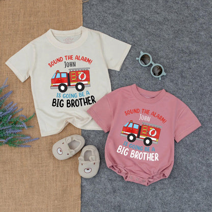 Personalized Big Brother Firetruck Shirt & Matching Baby Boy Romper Outfit Sound The Alarm New Sibling Pregnancy Reveal Gift Infant Clothes