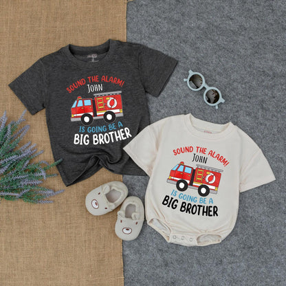Personalized Big Brother Firetruck Shirt & Matching Baby Boy Romper Outfit Sound The Alarm New Sibling Pregnancy Reveal Gift Infant Clothes