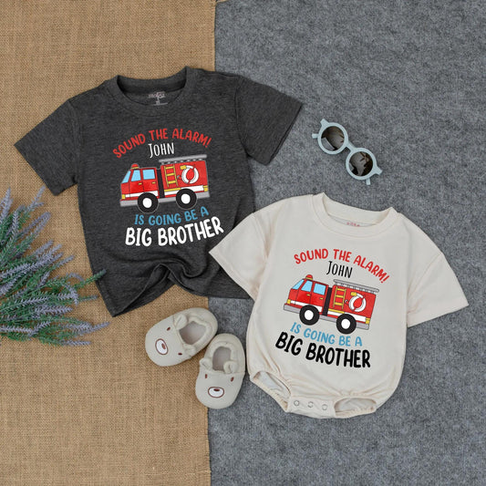Personalized Big Brother Firetruck Shirt & Matching Baby Boy Romper Outfit Sound The Alarm New Sibling Pregnancy Reveal Gift Infant Clothes