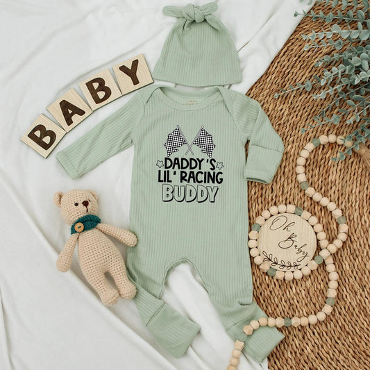 Custom Daddy's Lil' Racing Buddy Baby Bodysuit Father's Day Checkered Newborn Outfit New Dad Gift