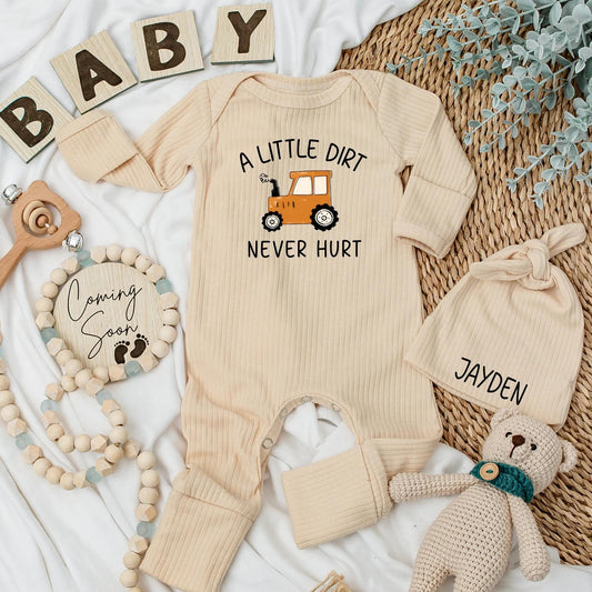 Personalized A Little Dirt Never Hurt Baby Bodysuit Custom Name Farm Tractor Country Boy Outfit Newborn Baby Shower Gift Idea