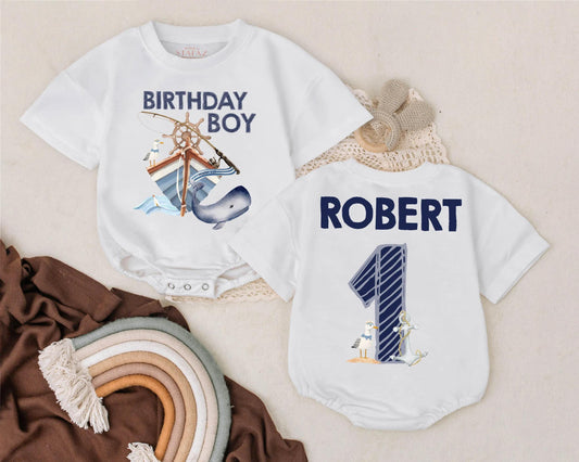 Oneder the Sea Birthday Bubble Romper for Boys Personalized Whale Theme First Birthday Outfit Custom Baby Clothes