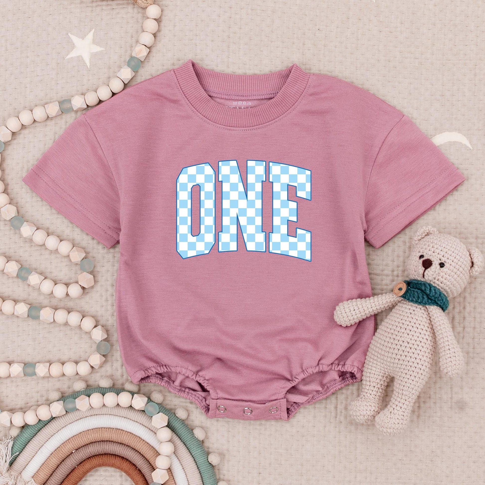 ONE Checkered Light Blue First Birthday Baby Boy Romper Playful Modern Design Outfit Soft Cotton Newborn Celebration Gift Babysuit