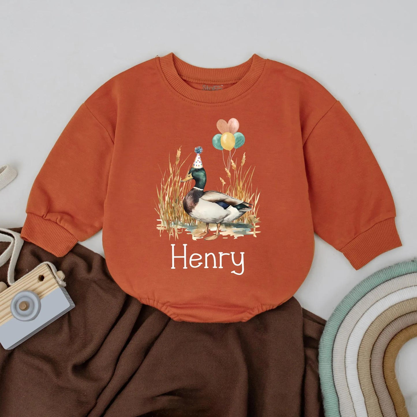 Personalized Mallard Duck Bubble Romper Birthday Outfit Farm Animal Theme Baby Boy Girl Cute Spring Summer First Celebration Gift