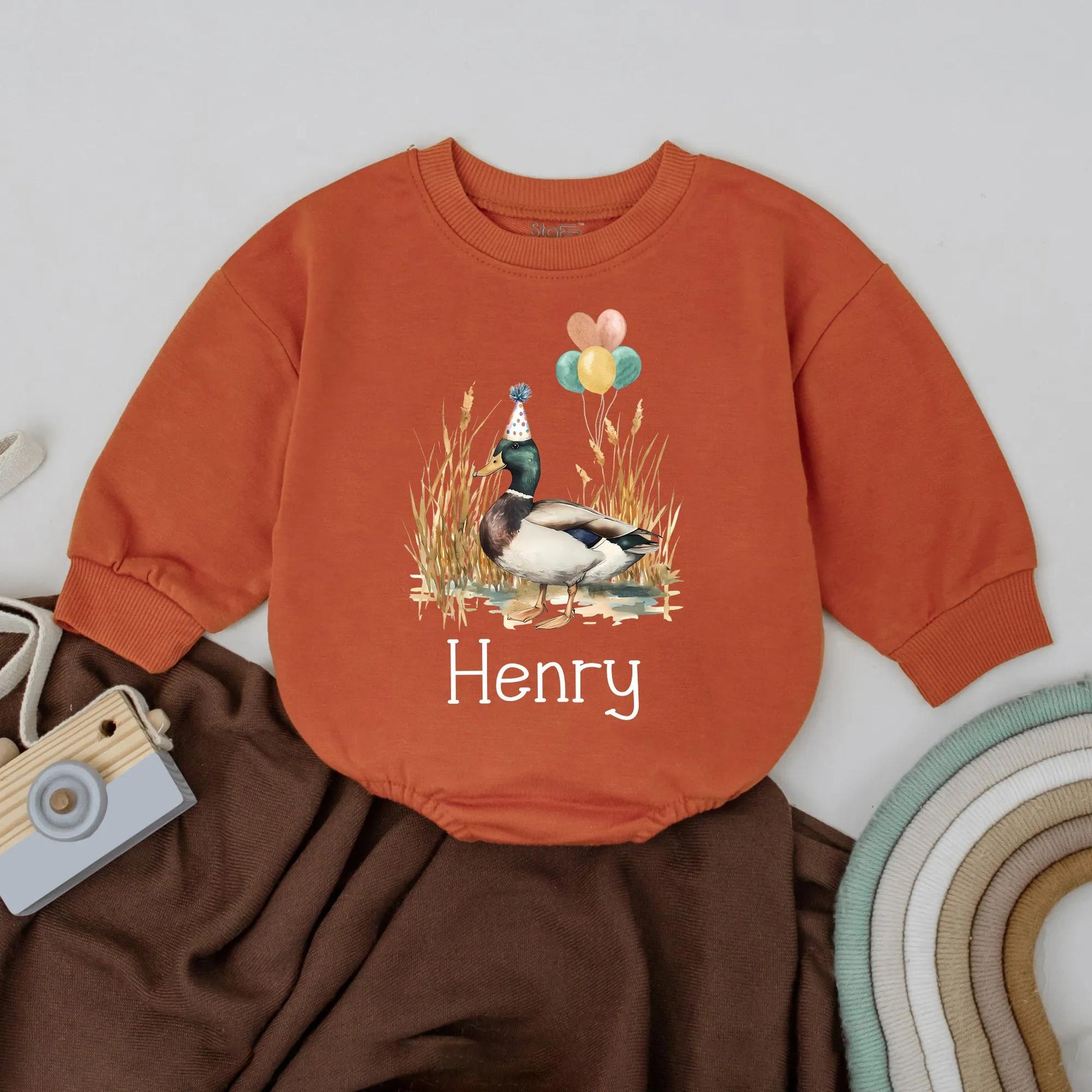 Personalized Mallard Duck Bubble Romper Birthday Outfit Farm Animal Theme Baby Boy Girl Cute Spring Summer First Celebration Gift