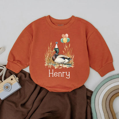Personalized Mallard Duck Bubble Romper Birthday Outfit Farm Animal Theme Baby Boy Girl Cute Spring Summer First Celebration Gift