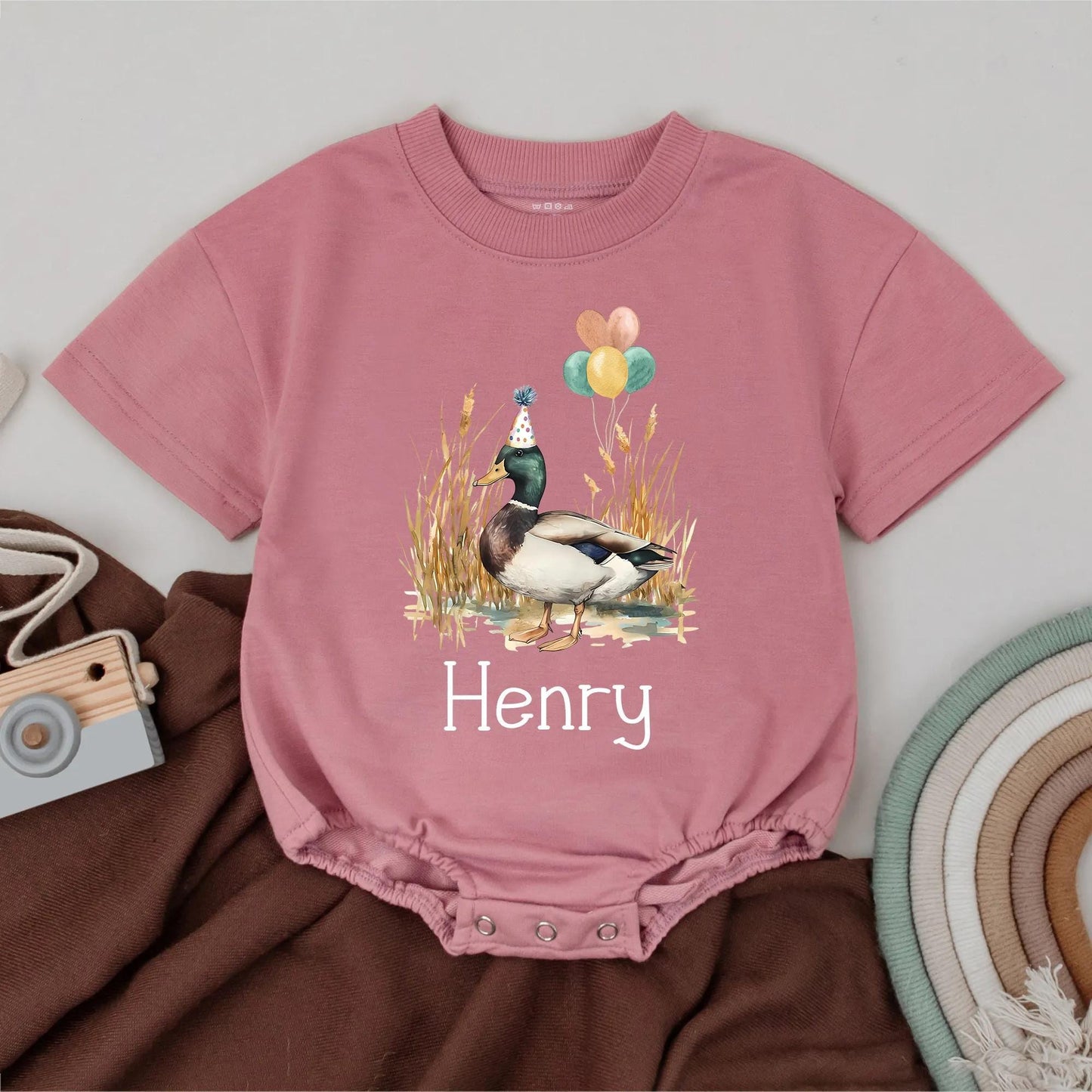 Personalized Mallard Duck Bubble Romper Birthday Outfit Farm Animal Theme Baby Boy Girl Cute Spring Summer First Celebration Gift