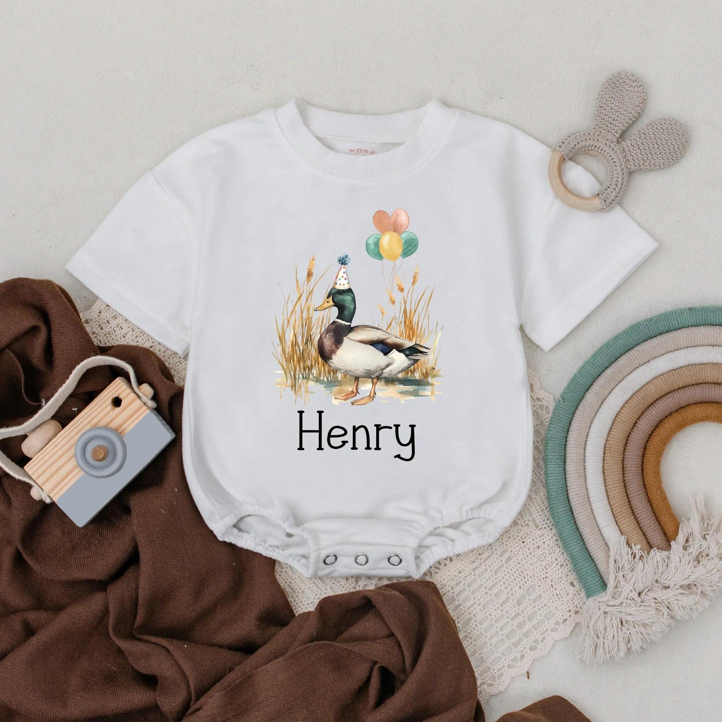Personalized Mallard Duck Bubble Romper Birthday Outfit Farm Animal Theme Baby Boy Girl Cute Spring Summer First Celebration Gift
