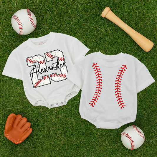 Personalized Baseball Number Baby Boy Romper with Custom Name Two Sided Short Sleeve Bodysuit Comfortable First Game Day Birthday Gift