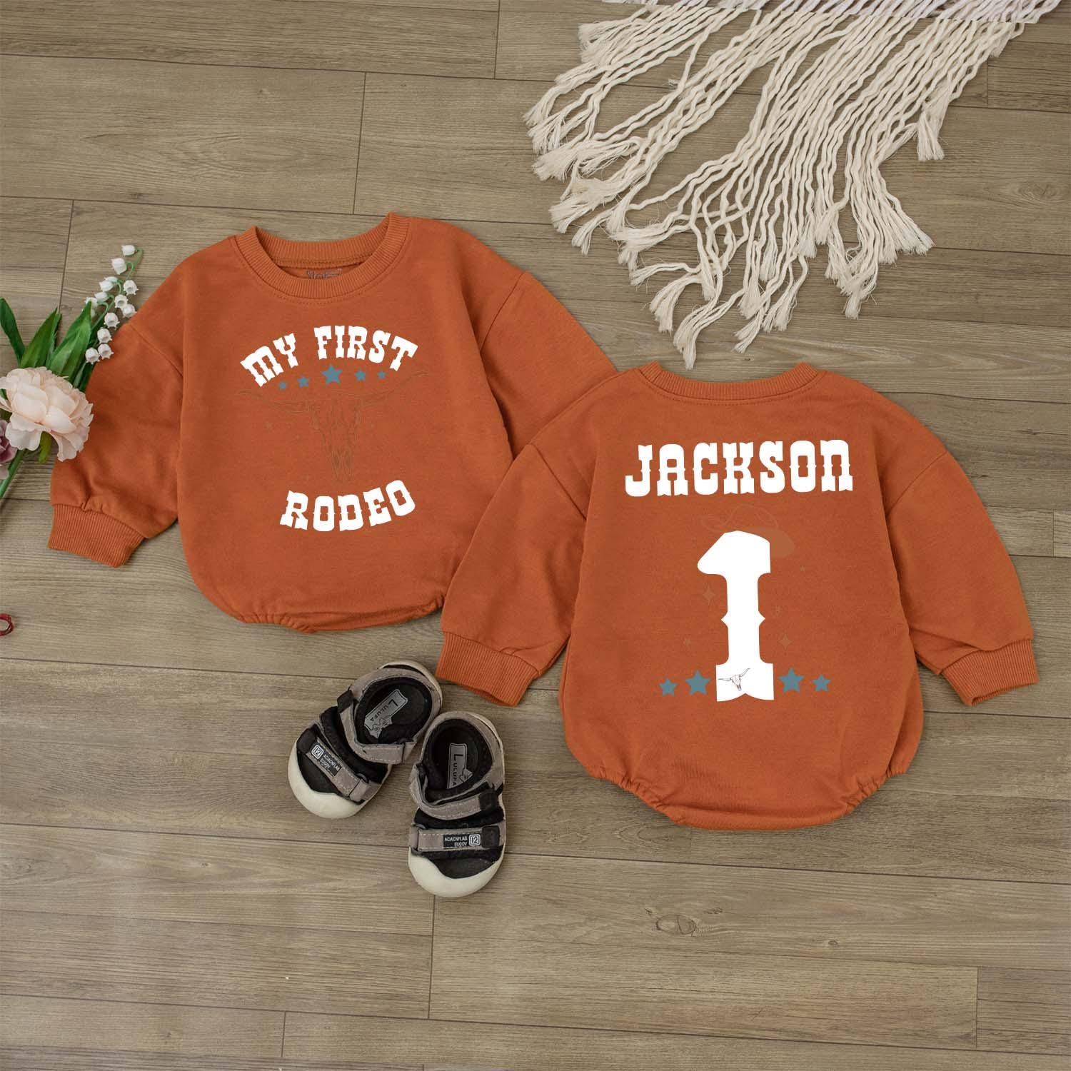 My First Rodeo Cowboy Birthday Shirt Personalized Name on Back Custom Western Outfit for Baby Boy Wild West First Year Bash