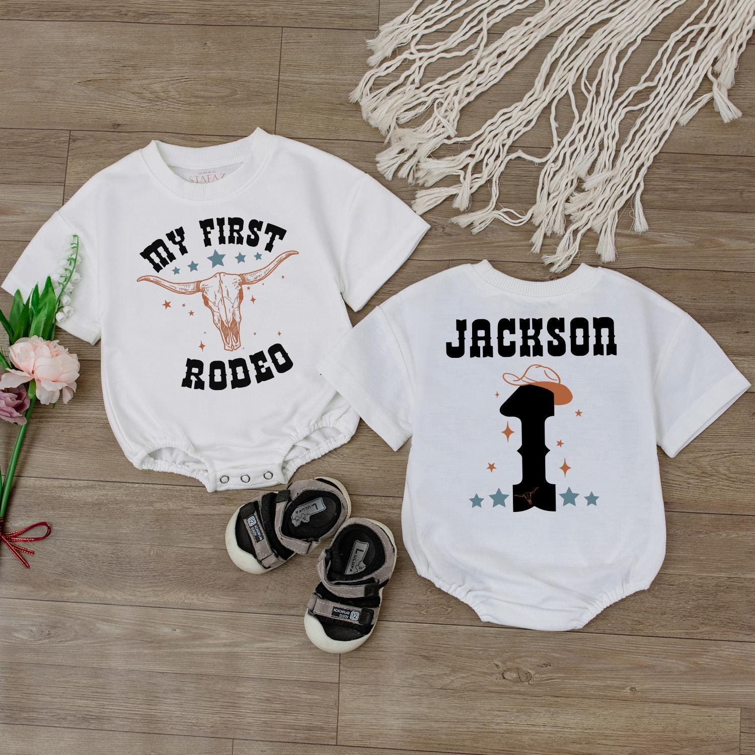 My First Rodeo Cowboy Birthday Shirt Personalized Name on Back Custom Western Outfit for Baby Boy Wild West First Year Bash