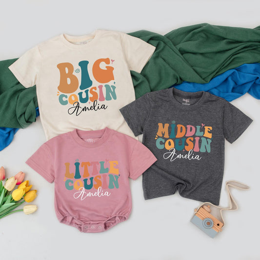 Personalized Big Middle Little Cousin Matching Shirts - Custom Name Cousin Crew Outfits - Sibling Birthday Gift - Baby Toddler Announcement